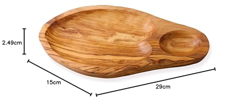 Cleminson Olive Wood Hand-Carved Appetiser and Tapas Dish with Dipping Section - 29 x 15 cm