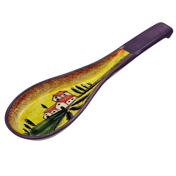 Cleminson Hand-Painted Spanish Ceramic Spoon Rest | Tuscan Farmhouse or Picasso Style Design | Cooking Holder for Spatulas, Spoons, Tongs, Ladles | Tea Bag Dish (Tuscan Farmhouse Lilac Theme)