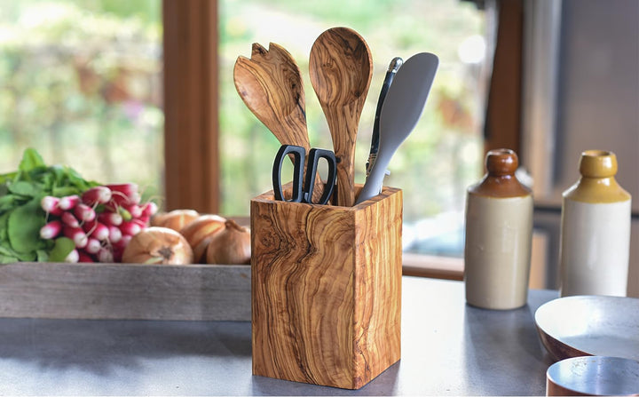 Cleminson Handmade Olive Wood Utensil Holder | Rustic Stylish Pot Caddy Kitchen Organiser