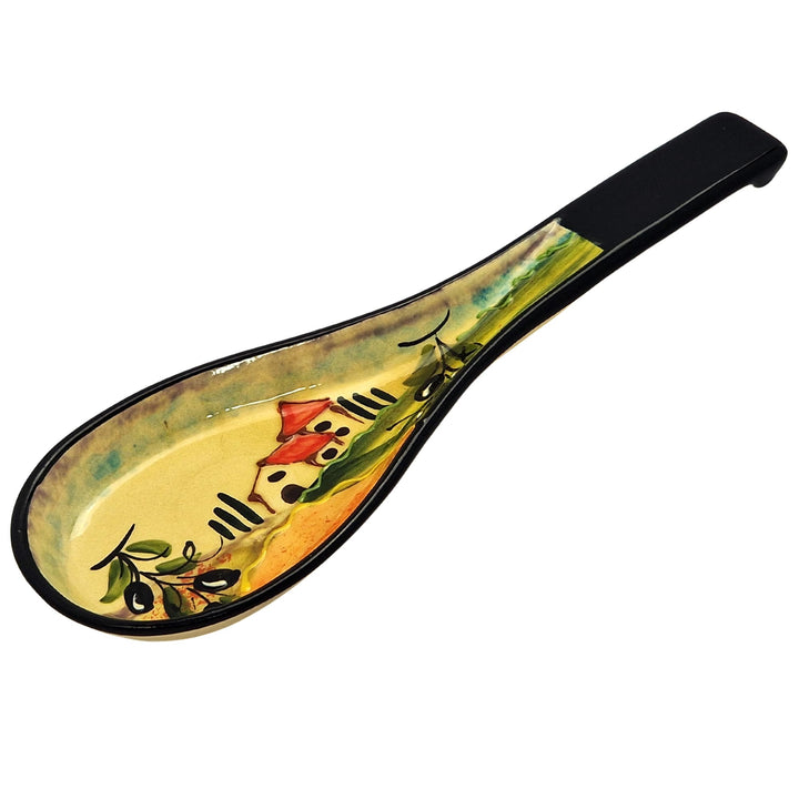 Cleminson Hand-Painted Spanish Ceramic Spoon Rest | Tuscan Farmhouse or Picasso Style Design | Cooking Holder for Spatulas, Spoons, Tongs, Ladles | Tea Bag Dish (Tuscan Farmhouse Black Theme)