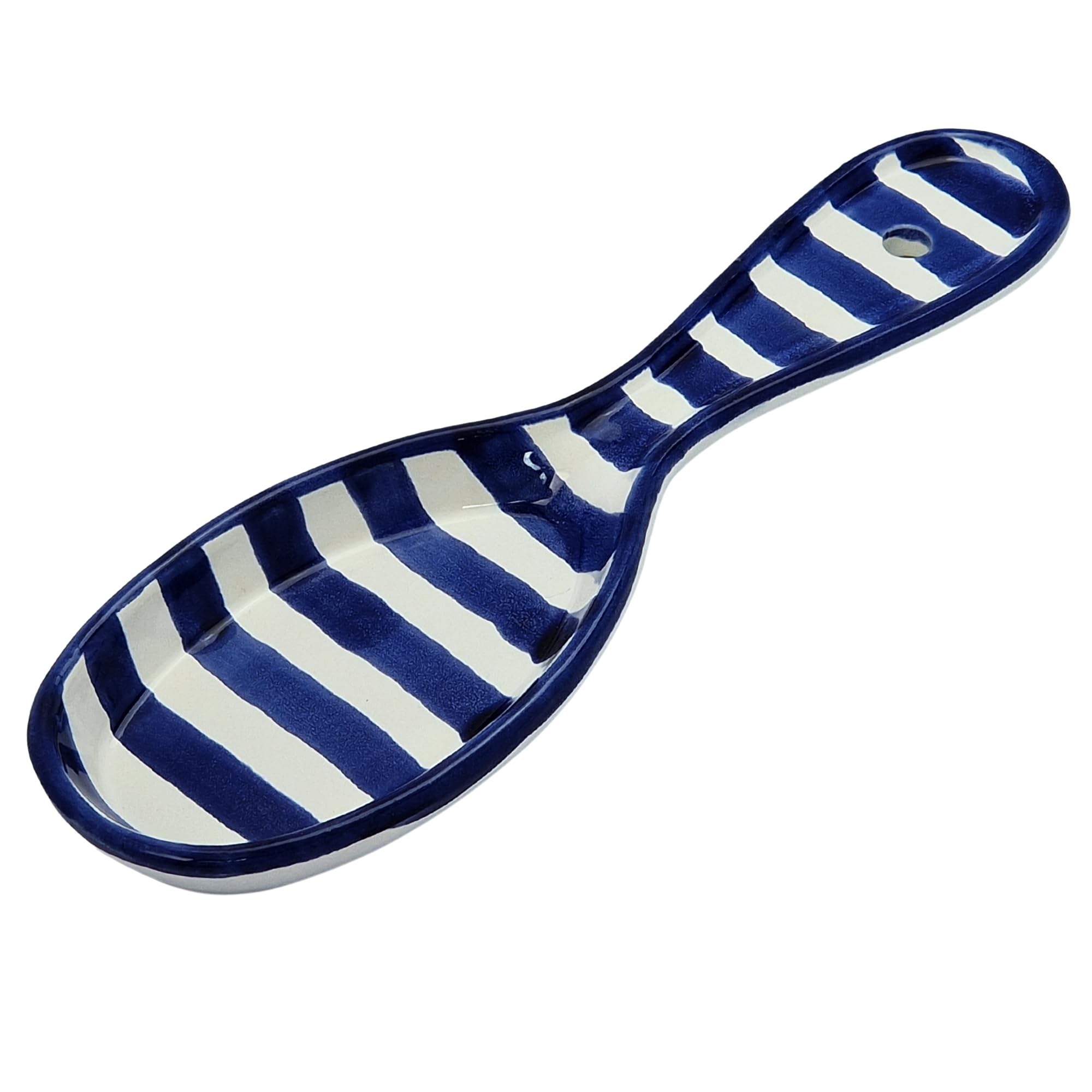 Cleminson Spanish Ceramic Kitchen Spoon Rest – Hand-Painted Striped Utensil Holder | 27cm, Dishwasher Safe, for Tongs, Wooden Spoons, Spatulas | Tea Bag Holder (Blue Stripes)