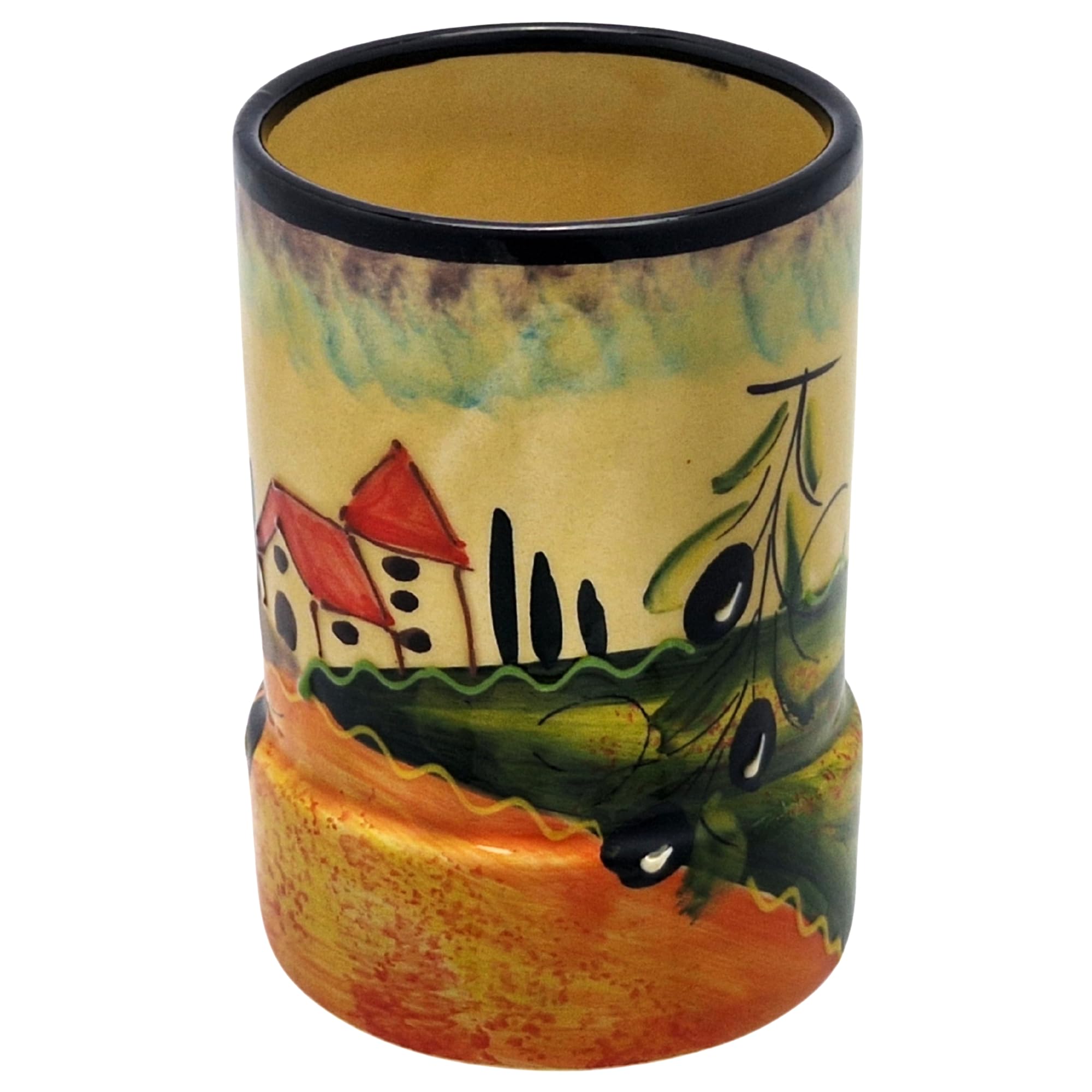Cleminson Hand-Painted Ceramic Utensil Pot | Tuscany or Picasso Theme | Made in Spain | Utensil Holder, Kitchen Decor Storage Organiser Jar for Spoons, Cutlery, Brushes (Tuscan Farmhouse Black Theme)