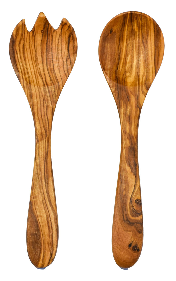 Cleminson Olive Wood Small Salad Servers 20 cm | Wooden Spoon and Fork Utensils Tongs | Pasta Mixing Dinner Cooking