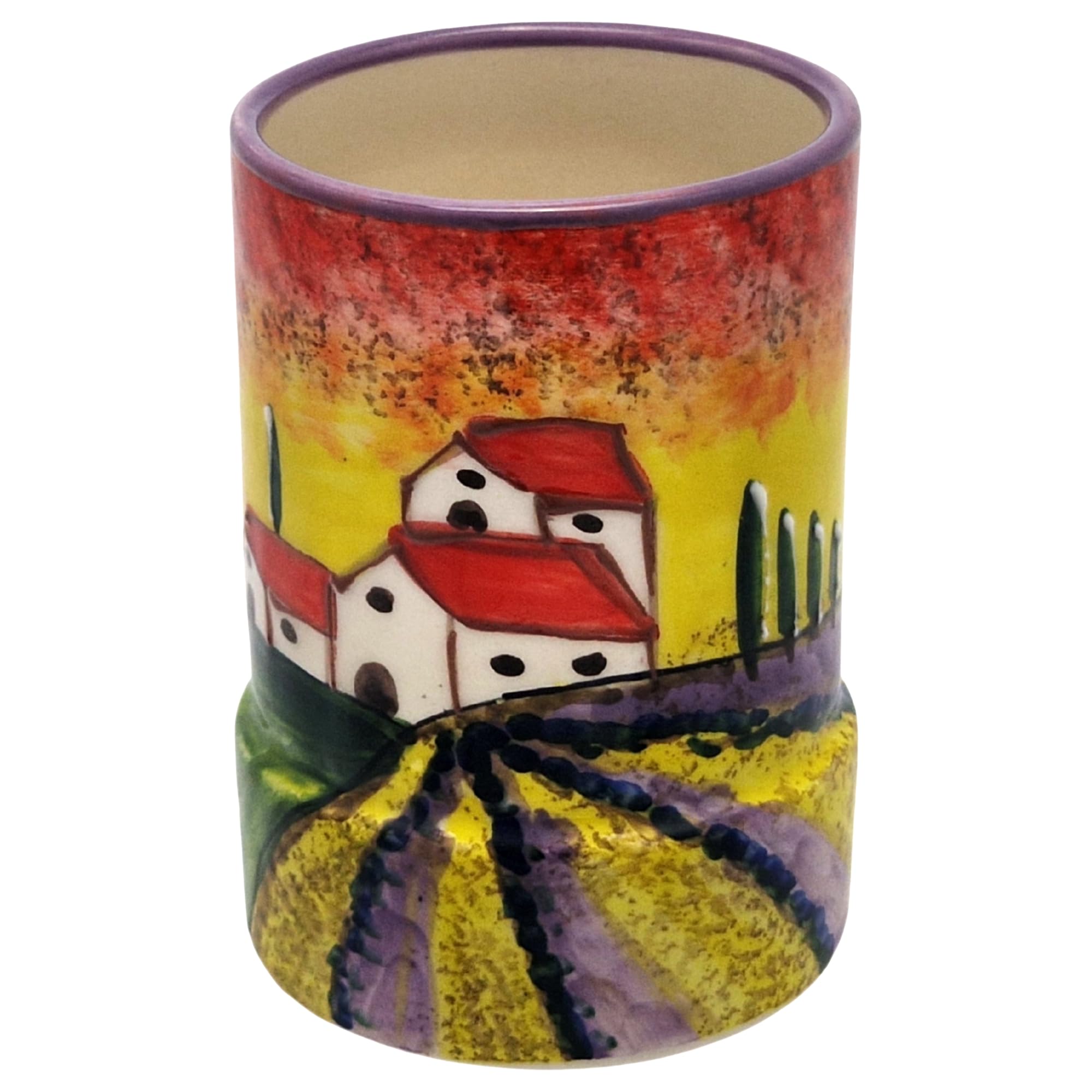 Cleminson Hand-Painted Ceramic Utensil Pot | Tuscany or Picasso Theme | Made in Spain | Utensil Holder, Kitchen Decor Storage Organiser Jar for Spoons, Cutlery, Brushes (Tuscan Farmhouse Lilac Theme)
