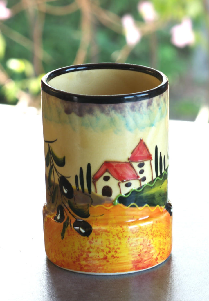 Cleminson Hand-Painted Ceramic Utensil Pot | Tuscany or Picasso Theme | Made in Spain | Utensil Holder, Kitchen Decor Storage Organiser Jar for Spoons, Cutlery, Brushes (Tuscan Farmhouse Black Theme)