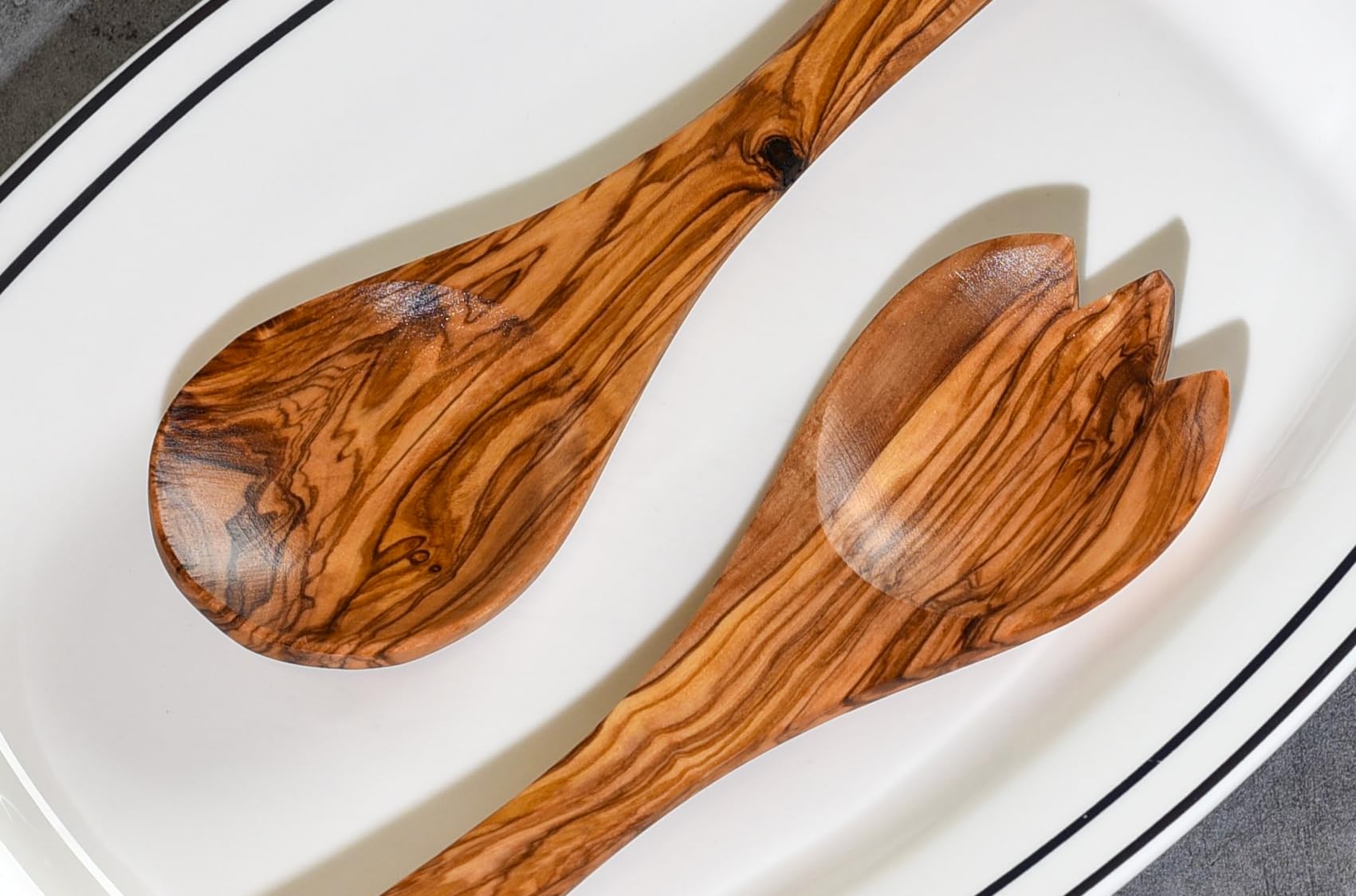 Cleminson Olive Wood Salad Servers 31 cm | Wooden Spoon and Fork Utensils Tongs | Pasta Mixing Dinner Cooking