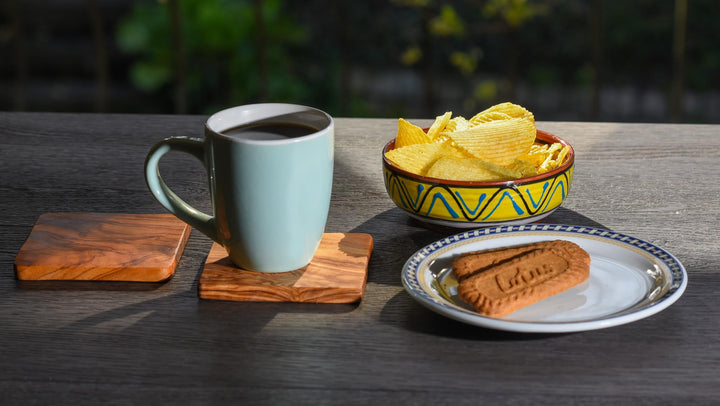 Cleminson Olive Wood 9 cm Square Coasters – Set of 6 or Set of 4 | Rustic Wooden Beautiful Mats for Living or Dining Room (9 x 9 cm, 4, count)