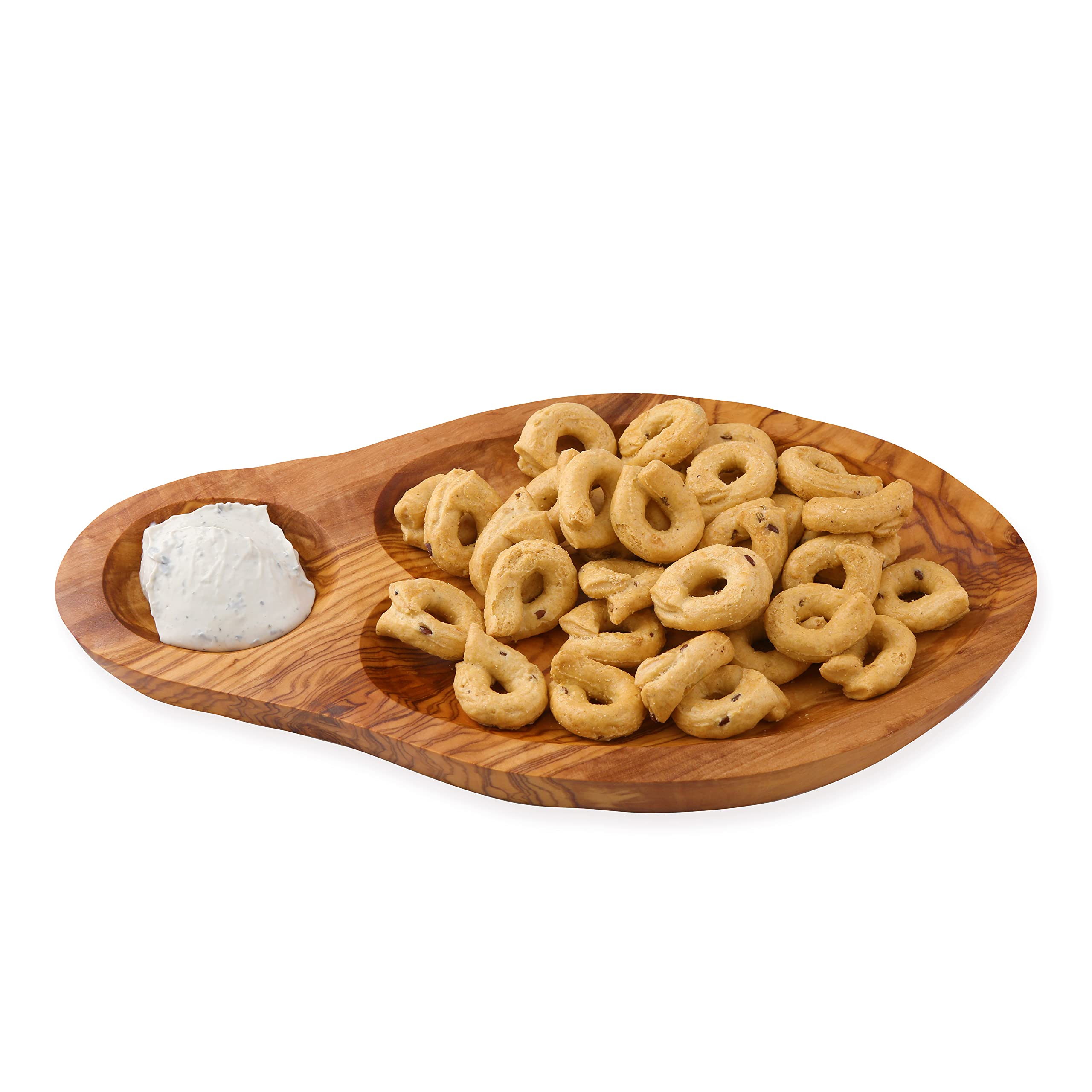 Cleminson Olive Wood Hand-Carved Appetiser and Tapas Dish with Dipping Section - 29 x 15 cm