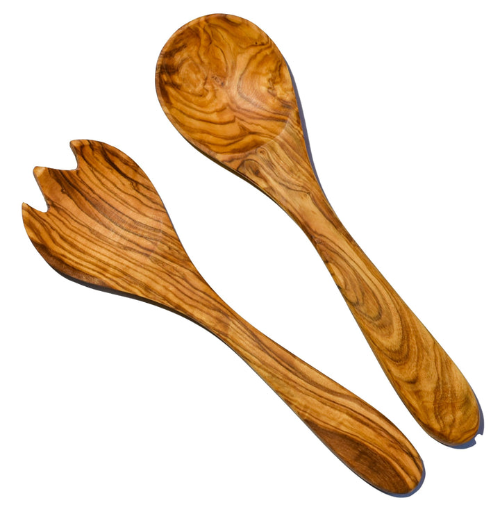 Cleminson Olive Wood Small Salad Servers 20 cm | Wooden Spoon and Fork Utensils Tongs | Pasta Mixing Dinner Cooking