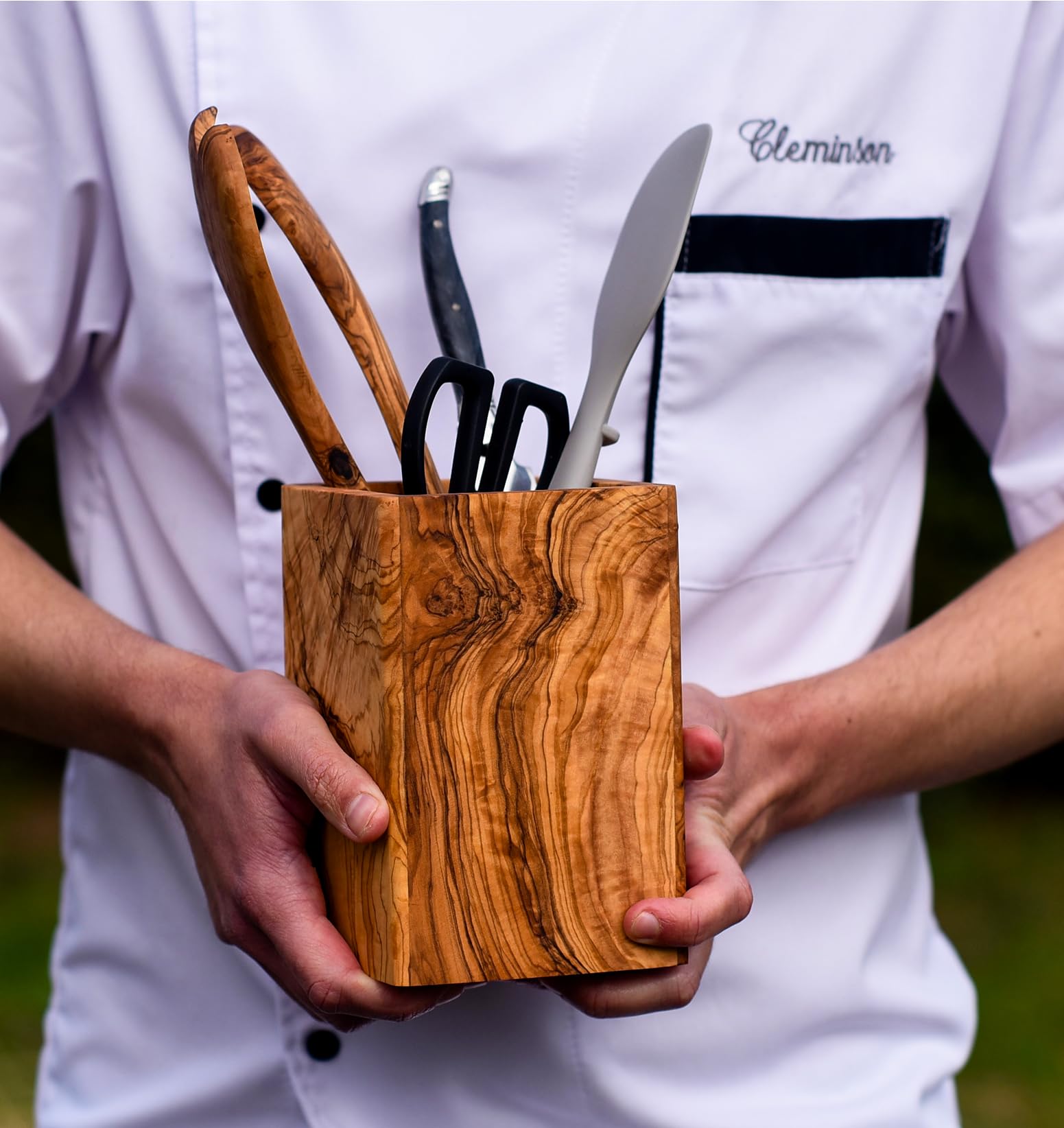 Cleminson Handmade Olive Wood Utensil Holder | Rustic Stylish Pot Caddy Kitchen Organiser