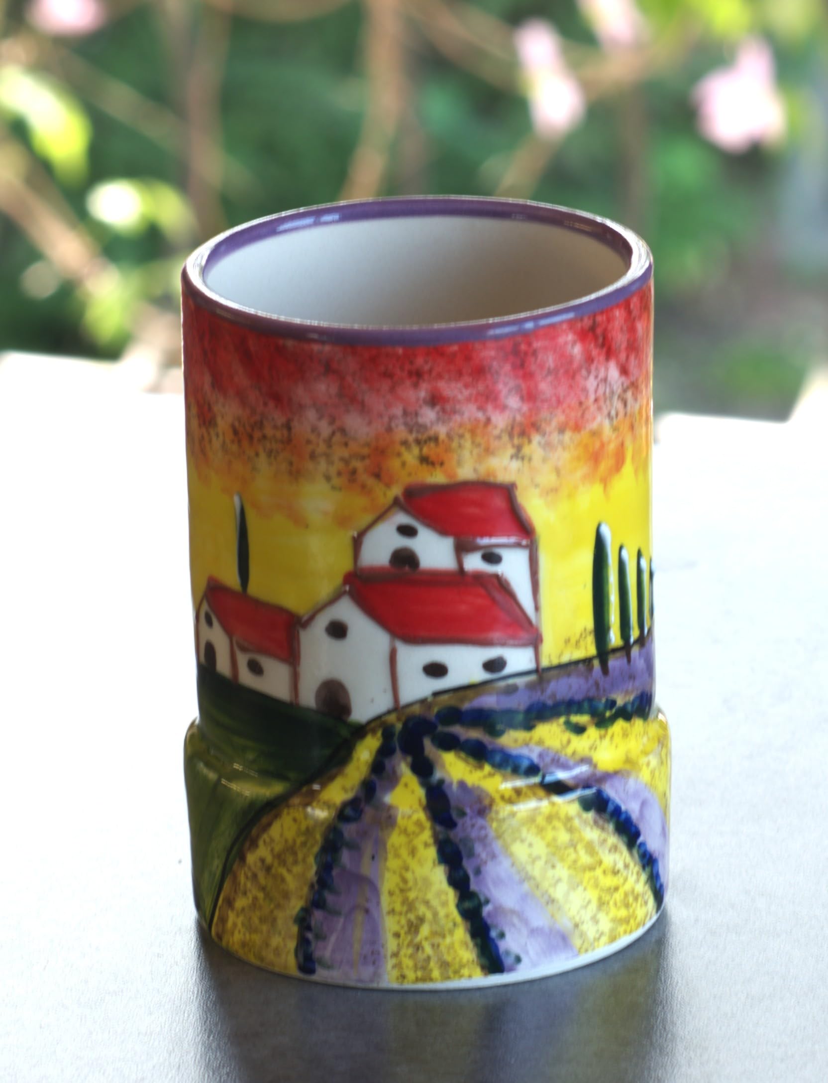 Cleminson Hand-Painted Ceramic Utensil Pot | Tuscany or Picasso Theme | Made in Spain | Utensil Holder, Kitchen Decor Storage Organiser Jar for Spoons, Cutlery, Brushes (Tuscan Farmhouse Lilac Theme)