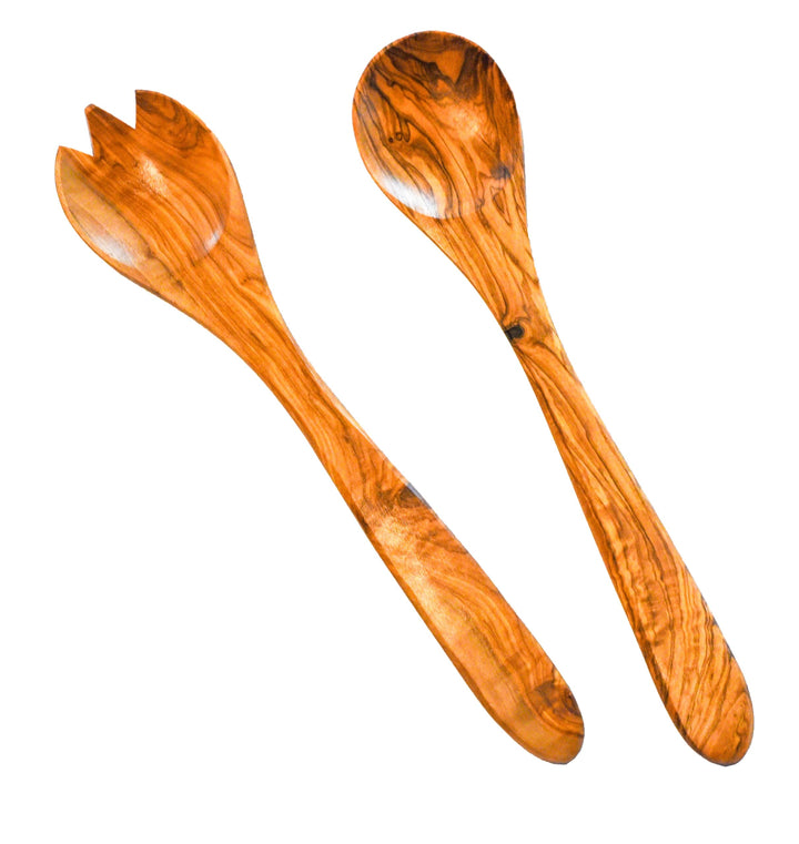 Cleminson Olive Wood Salad Servers 31 cm | Wooden Spoon and Fork Utensils Tongs | Pasta Mixing Dinner Cooking
