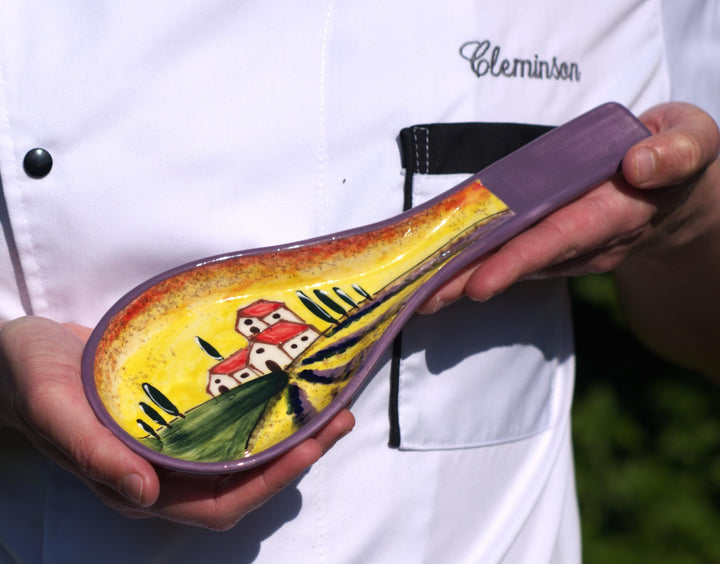 Cleminson Hand-Painted Spanish Ceramic Spoon Rest | Tuscan Farmhouse or Picasso Style Design | Cooking Holder for Spatulas, Spoons, Tongs, Ladles | Tea Bag Dish (Tuscan Farmhouse Lilac Theme)