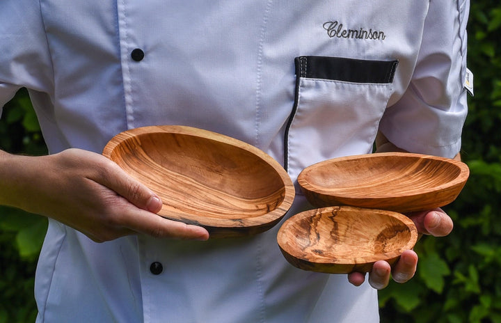 Cleminson 3 Piece Olive Wood Serving Dishes – Stackable Trio for Tapas & Dips | Rustic Wooden Nesting Bowls