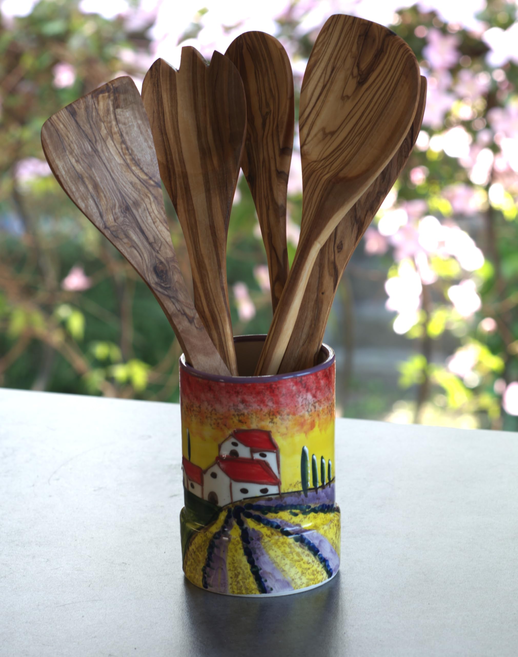 Cleminson Hand-Painted Ceramic Utensil Pot | Tuscany or Picasso Theme | Made in Spain | Utensil Holder, Kitchen Decor Storage Organiser Jar for Spoons, Cutlery, Brushes (Tuscan Farmhouse Lilac Theme)