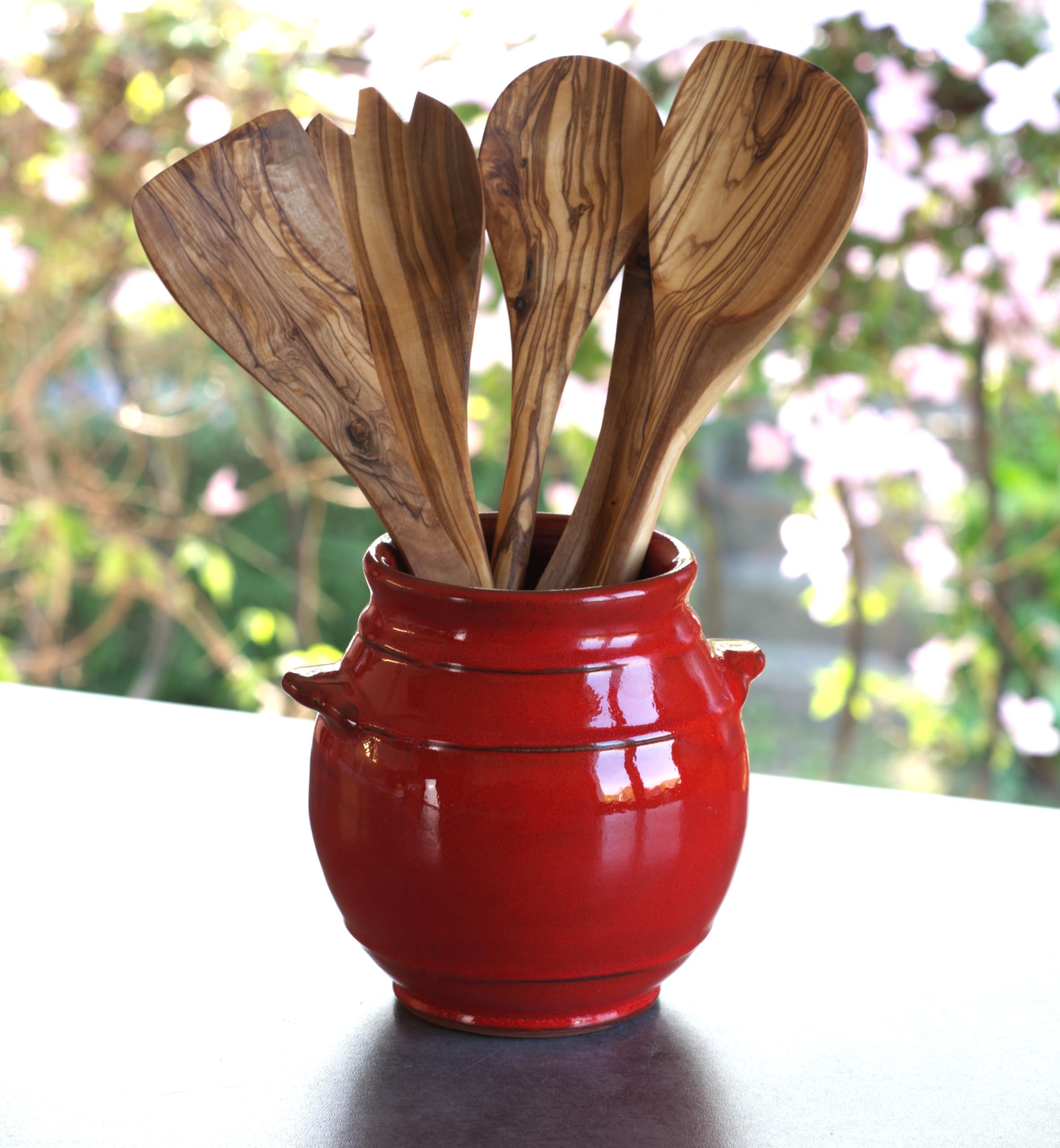 Cleminson Hand-Dipped Ceramic Utensil Jar | Artisan Kitchen Utensil Holder | Made in Spain | Stylish Cutlery Pot Organiser | Rustic Farmhouse Crock for Spoons, Spatulas, Whisks (Red Pastel)