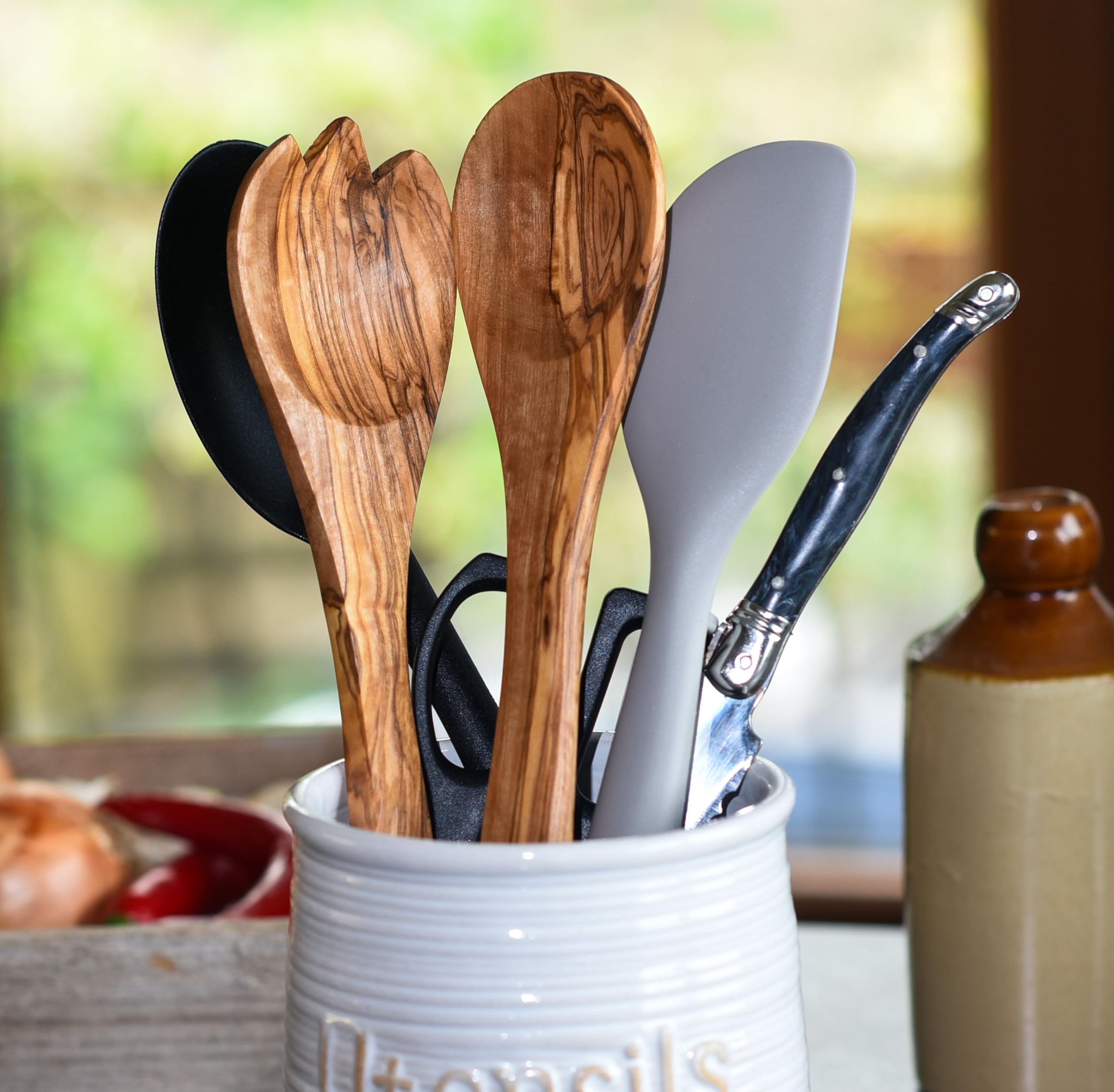 Cleminson Olive Wood Salad Servers 31 cm | Wooden Spoon and Fork Utensils Tongs | Pasta Mixing Dinner Cooking