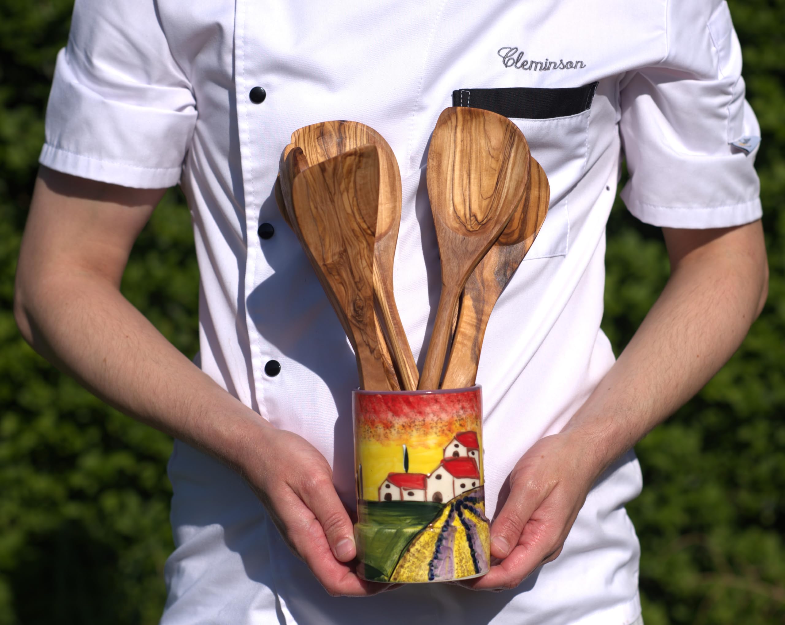 Cleminson Hand-Painted Ceramic Utensil Pot | Tuscany or Picasso Theme | Made in Spain | Utensil Holder, Kitchen Decor Storage Organiser Jar for Spoons, Cutlery, Brushes (Tuscan Farmhouse Lilac Theme)