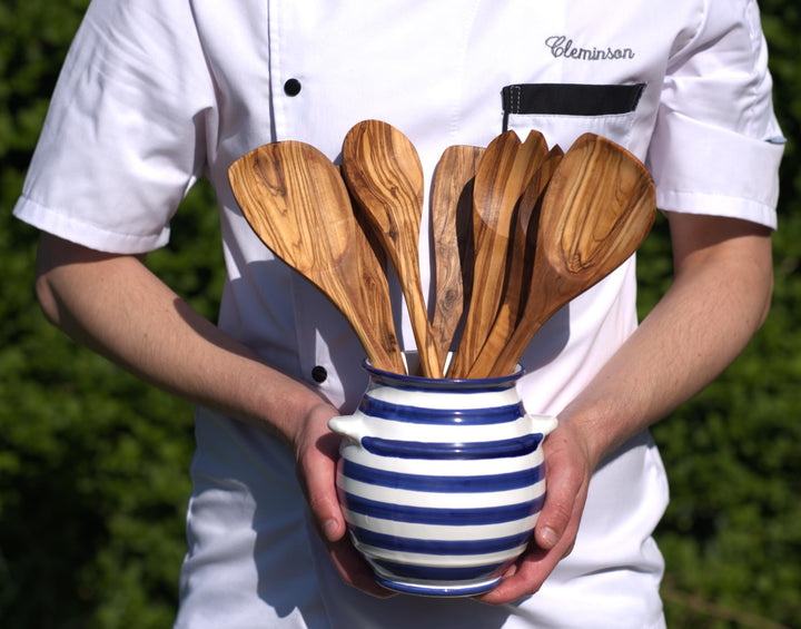 Cleminson Hand-Painted Striped Ceramic Utensil Jar | Artisan Kitchen Utensil Holder | Made in Andalusia, Spain | Stylish Cutlery Pot Organiser | Rustic Farmhouse Crock (Blue)