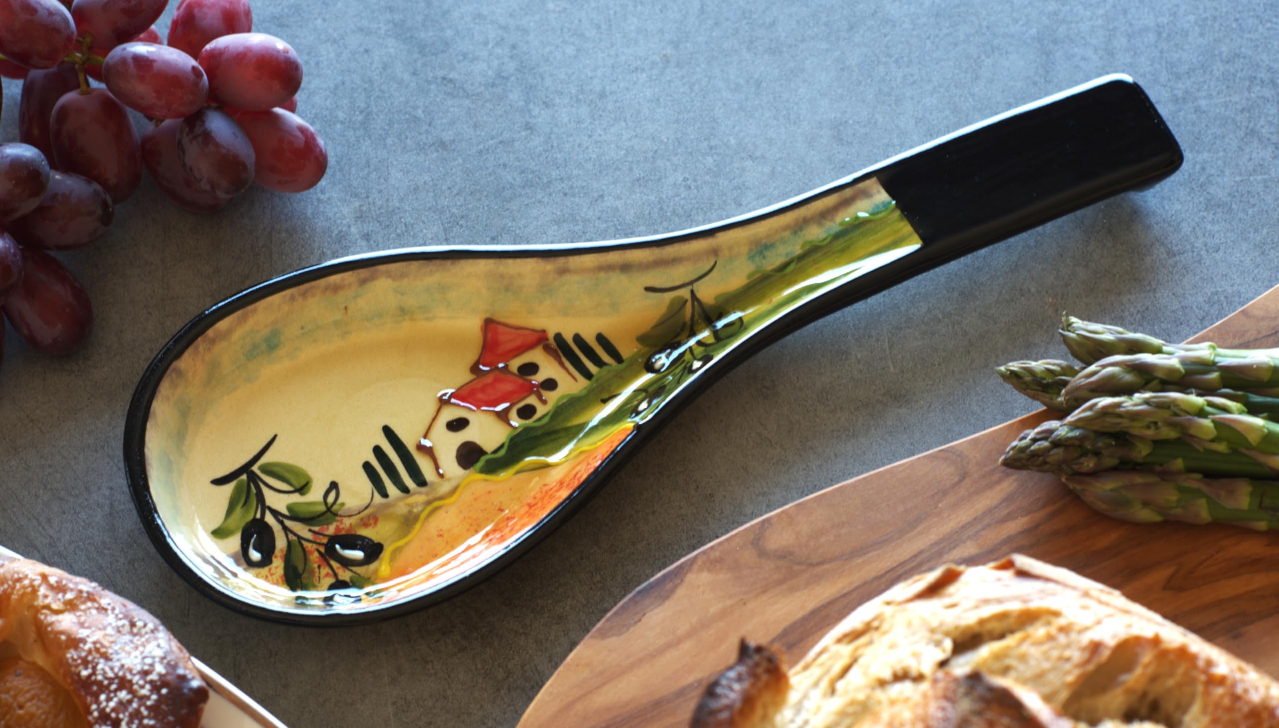 Cleminson Hand-Painted Spanish Ceramic Spoon Rest | Tuscan Farmhouse or Picasso Style Design | Cooking Holder for Spatulas, Spoons, Tongs, Ladles | Tea Bag Dish (Tuscan Farmhouse Black Theme)