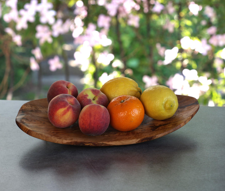 Cleminson Handcrafted Olive Wood Fruit Bowl, Curved Wooden Serving Board