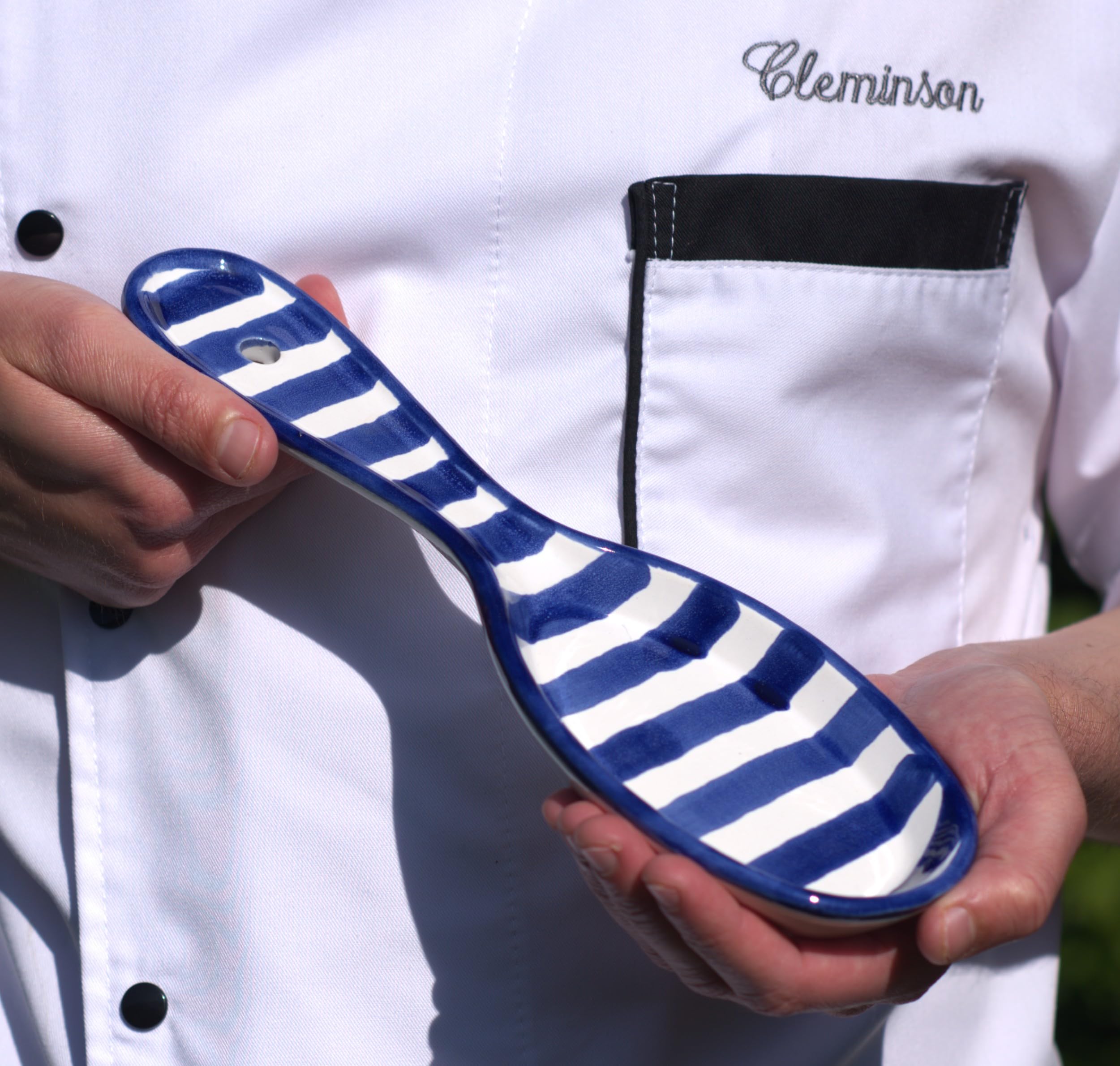 Cleminson Spanish Ceramic Kitchen Spoon Rest – Hand-Painted Striped Utensil Holder | 27cm, Dishwasher Safe, for Tongs, Wooden Spoons, Spatulas | Tea Bag Holder (Blue Stripes)