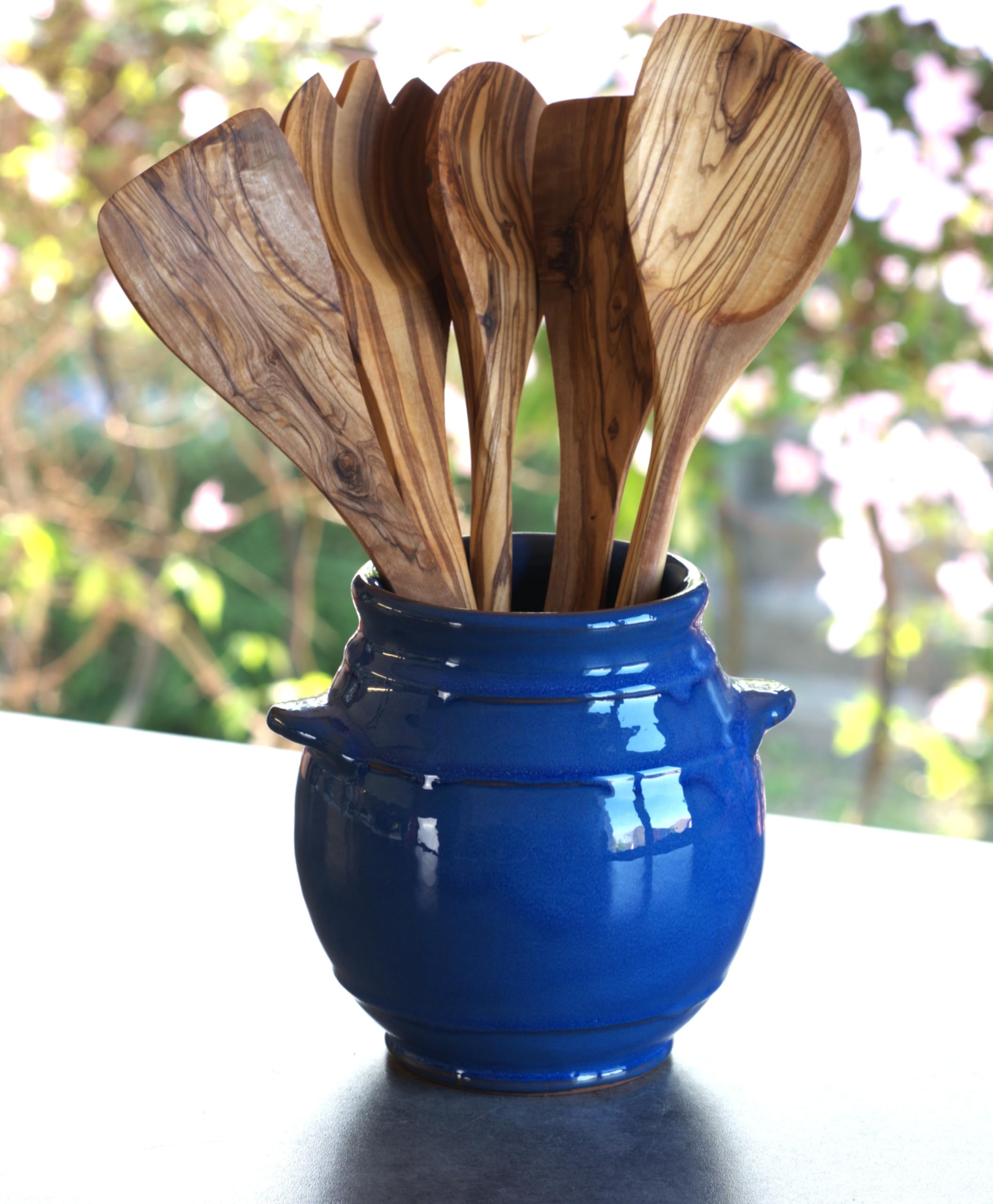 Cleminson Hand-Dipped Ceramic Utensil Jar | Artisan Kitchen Utensil Holder | Made in Spain | Stylish Cutlery Pot Organiser | Rustic Farmhouse Crock for Spoons, Spatulas, Whisks (Blue Pastel)