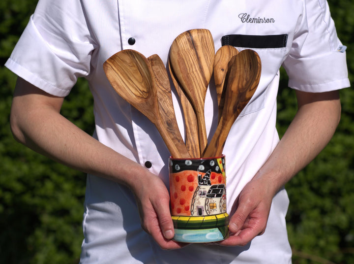 Cleminson Hand-Painted Ceramic Utensil Pot | Tuscany or Picasso Theme | Made in Spain | Utensil Holder, Kitchen Decor Storage Organiser Jar for Spoons, Cutlery, Brushes (Picasso Style House)