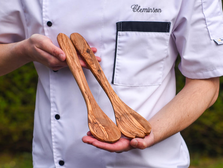 Cleminson Olive Wood Salad Servers 31 cm | Wooden Spoon and Fork Utensils Tongs | Pasta Mixing Dinner Cooking