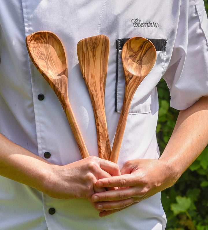 Cleminson Handcrafted Olive Wood Utensils – Wooden Spatula, Spoon & Sauce Spoon with Corner or 3-Piece Set (3-Piece Set)