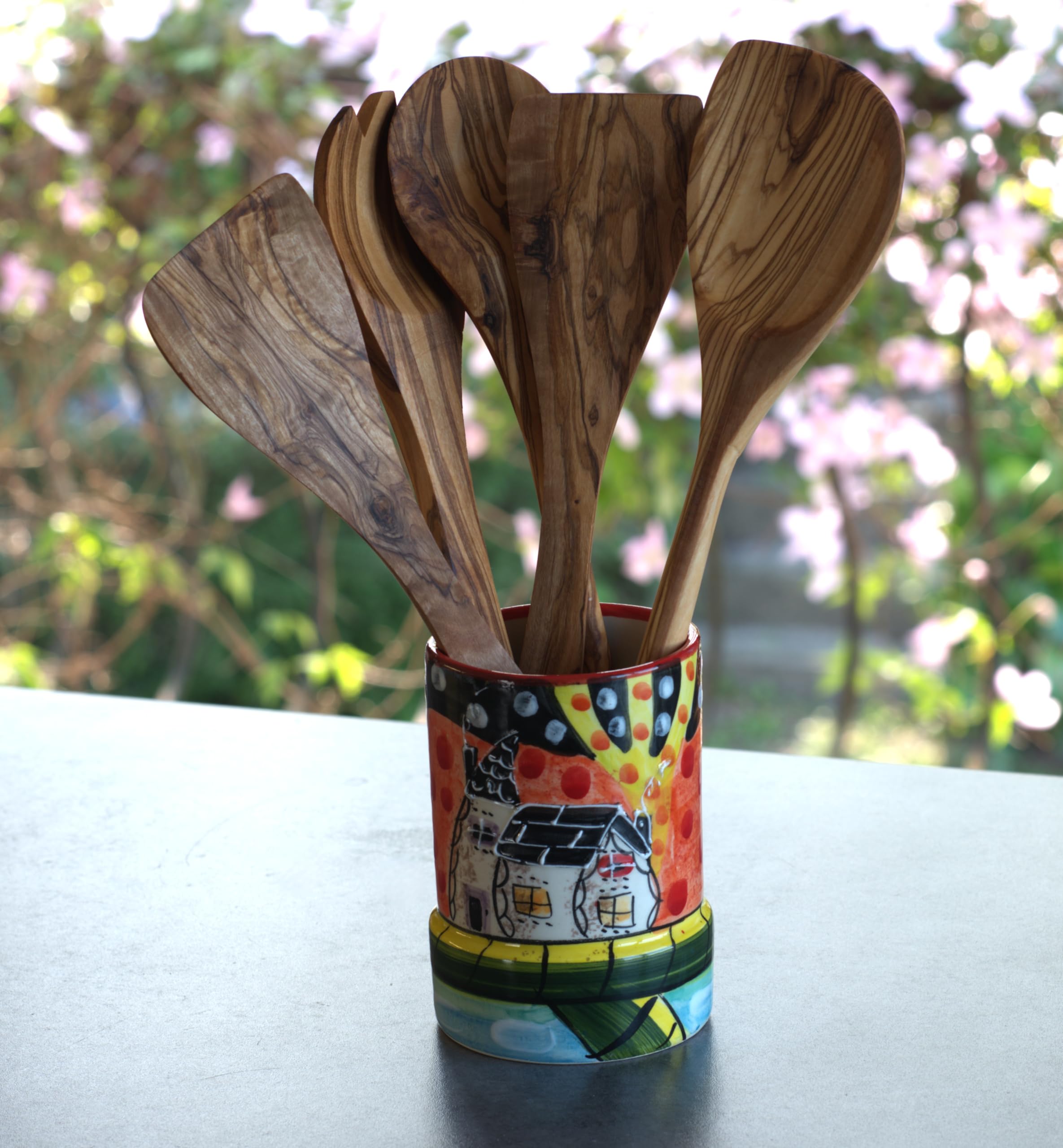Cleminson Hand-Painted Ceramic Utensil Pot | Tuscany or Picasso Theme | Made in Spain | Utensil Holder, Kitchen Decor Storage Organiser Jar for Spoons, Cutlery, Brushes (Picasso Style House)