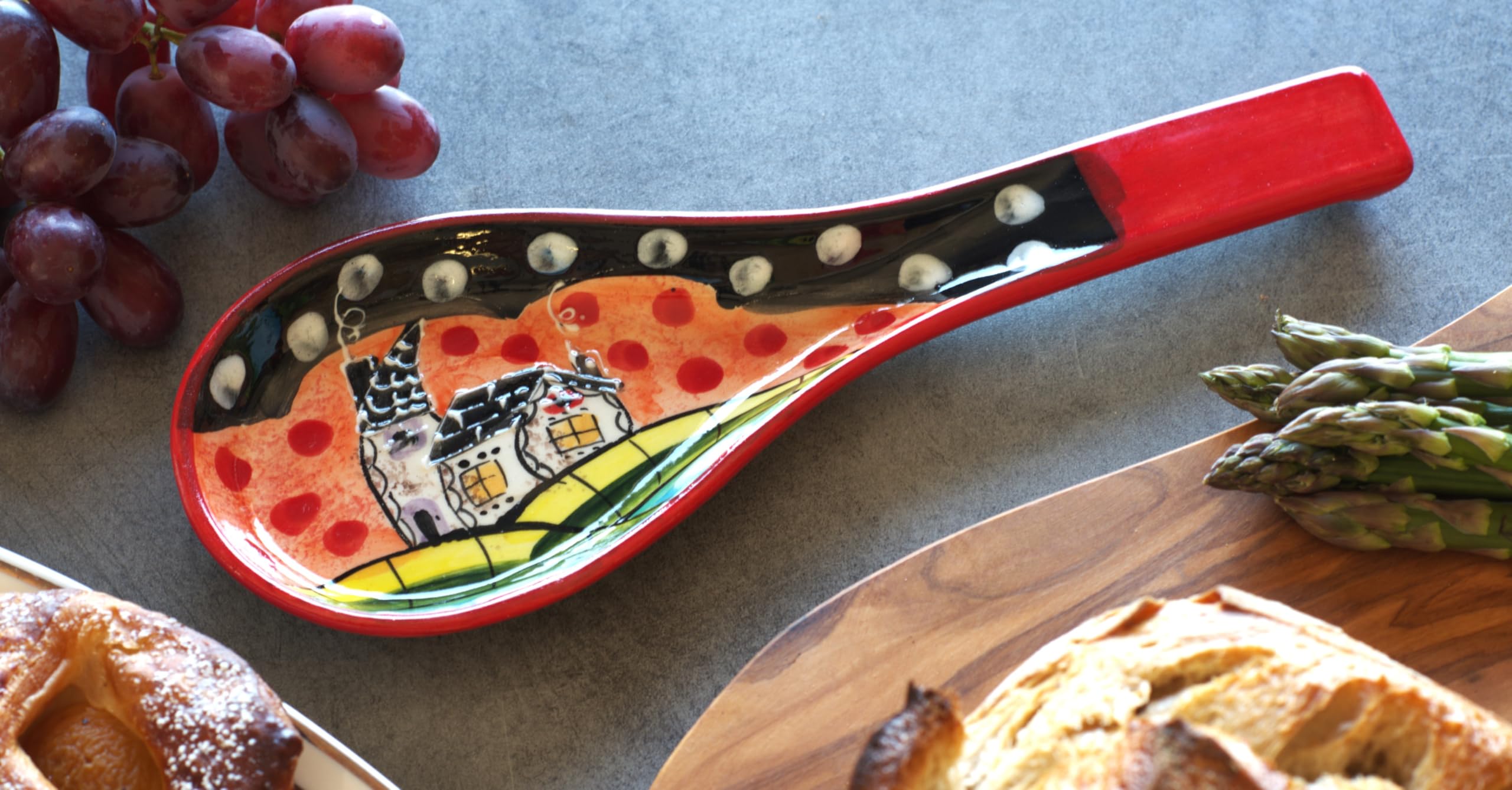 Cleminson Hand-Painted Spanish Ceramic Spoon Rest | Tuscan Farmhouse or Picasso Style Design | Cooking Holder for Spatulas, Spoons, Tongs, Ladles | Tea Bag Dish (Picasso Style House)