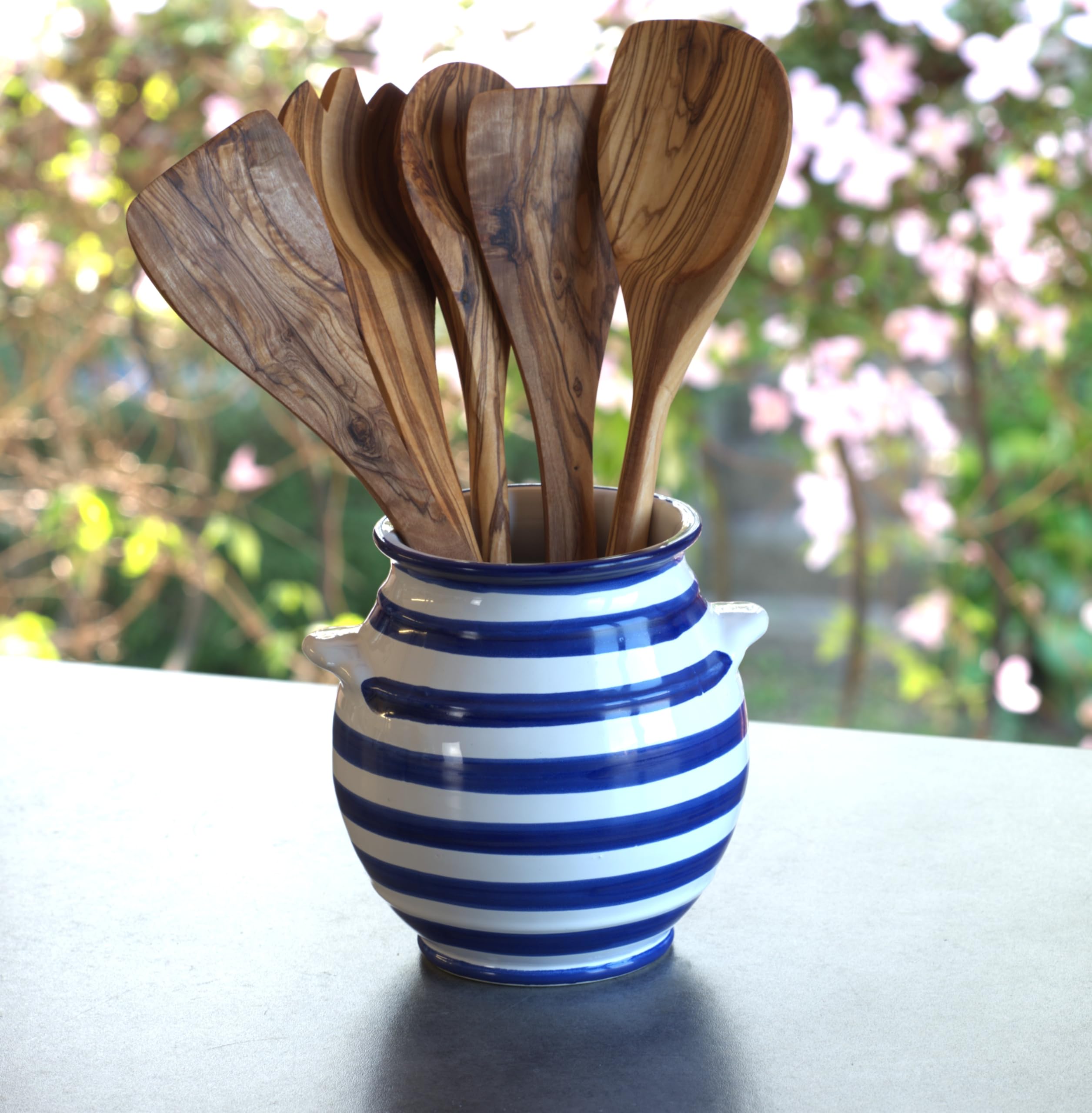Cleminson Hand-Painted Striped Ceramic Utensil Jar | Artisan Kitchen Utensil Holder | Made in Andalusia, Spain | Stylish Cutlery Pot Organiser | Rustic Farmhouse Crock (Blue)