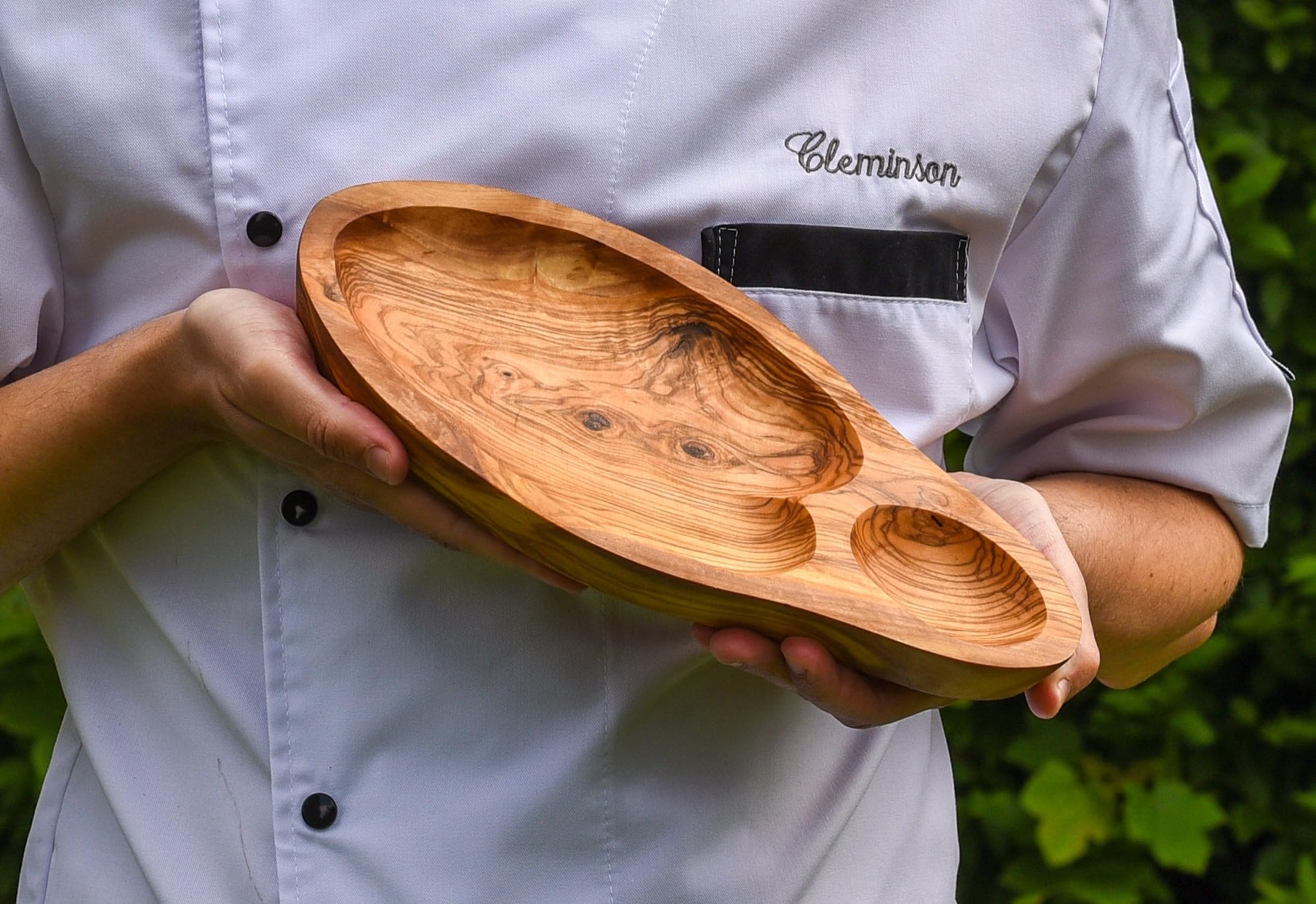Cleminson Olive Wood Hand-Carved Appetiser and Tapas Dish with Dipping Section - 29 x 15 cm