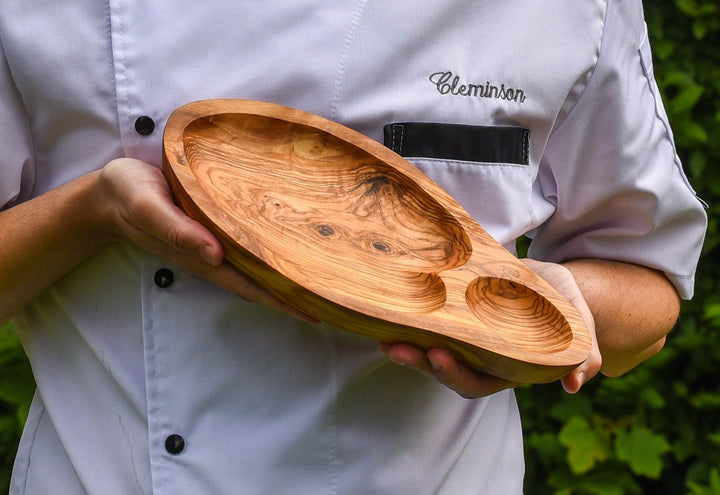 Cleminson Olive Wood Hand-Carved Appetiser and Tapas Dish with Dipping Section - 29 x 15 cm