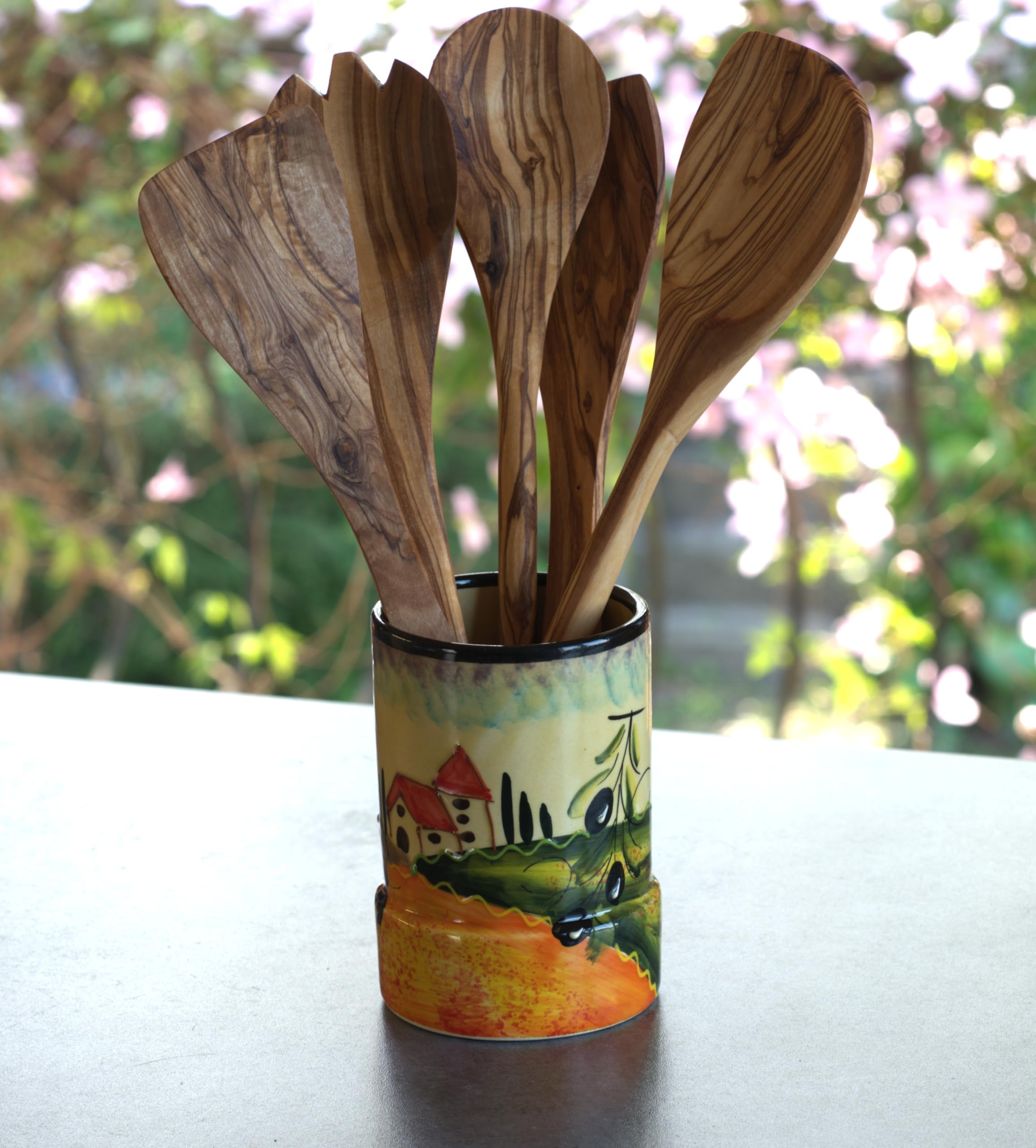 Cleminson Hand-Painted Ceramic Utensil Pot | Tuscany or Picasso Theme | Made in Spain | Utensil Holder, Kitchen Decor Storage Organiser Jar for Spoons, Cutlery, Brushes (Tuscan Farmhouse Black Theme)