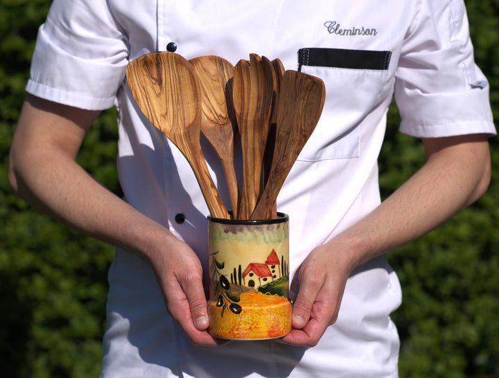 Cleminson Hand-Painted Ceramic Utensil Pot | Tuscany or Picasso Theme | Made in Spain | Utensil Holder, Kitchen Decor Storage Organiser Jar for Spoons, Cutlery, Brushes (Tuscan Farmhouse Black Theme)