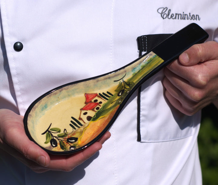 Cleminson Hand-Painted Spanish Ceramic Spoon Rest | Tuscan Farmhouse or Picasso Style Design | Cooking Holder for Spatulas, Spoons, Tongs, Ladles | Tea Bag Dish (Tuscan Farmhouse Black Theme)