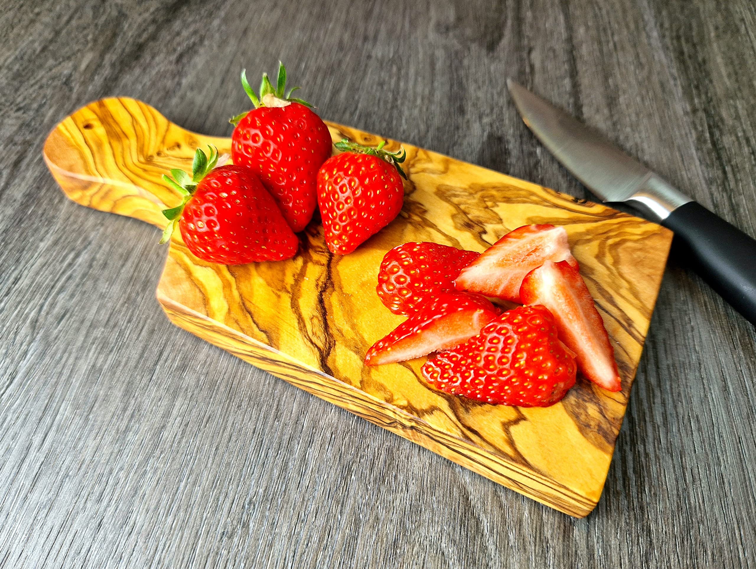Cleminson 22 x 10 cm Olive Wood Small Board for Cocktail Bar Herbs Garlic Fruit Chopping & Serving Including Handle
