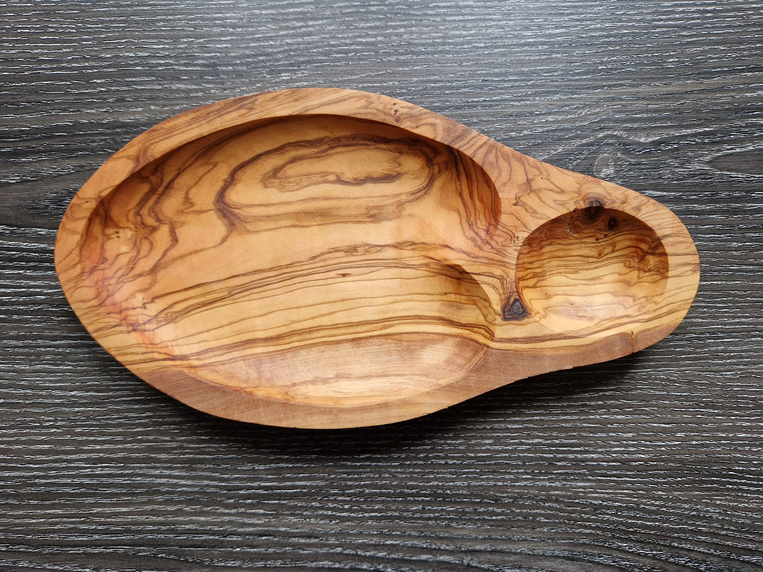 Cleminson Olive Wood Hand-Carved Appetiser and Tapas Dish with Dipping Section - 29 x 15 cm