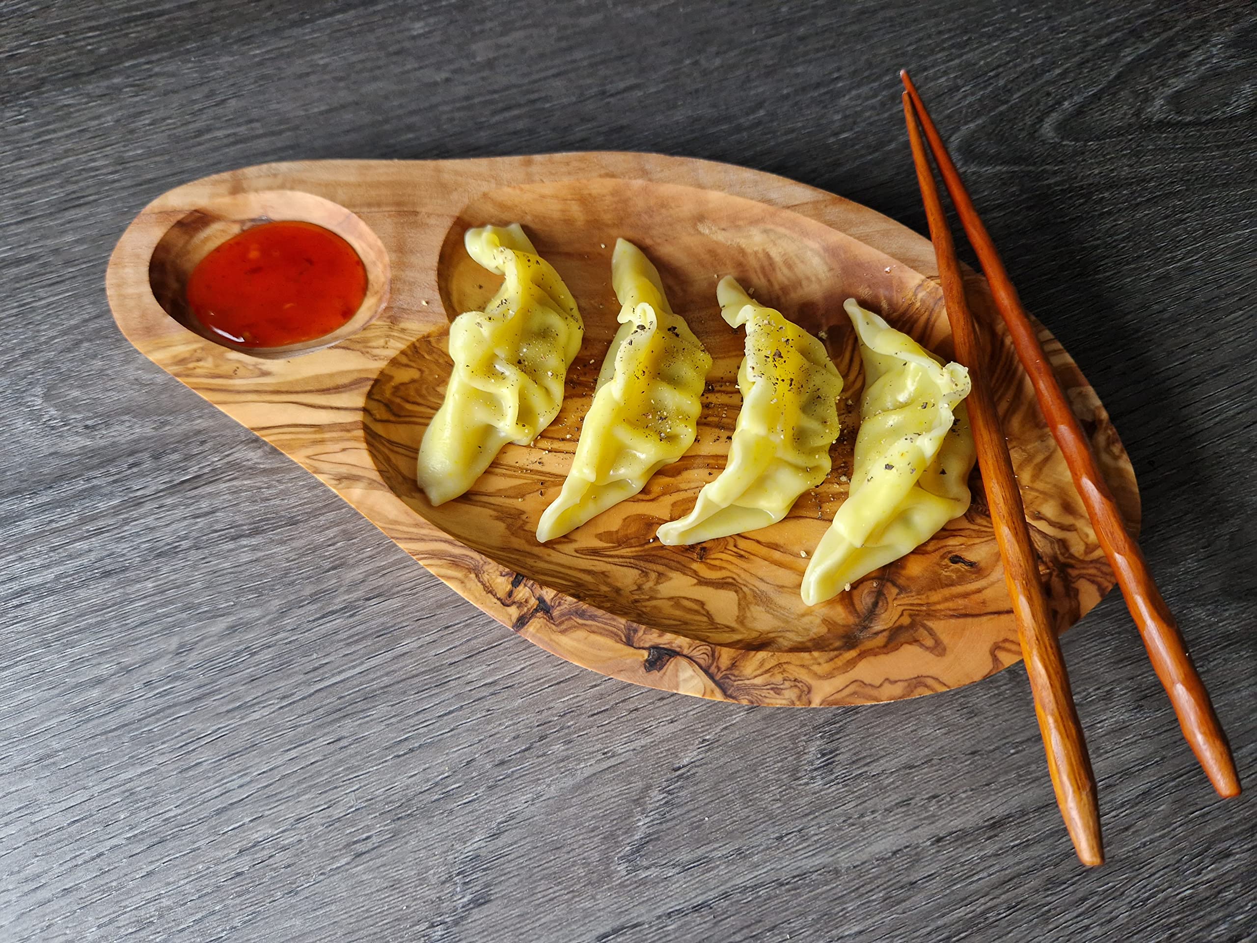 Cleminson Olive Wood Hand-Carved Appetiser and Tapas Dish with Dipping Section - 29 x 15 cm