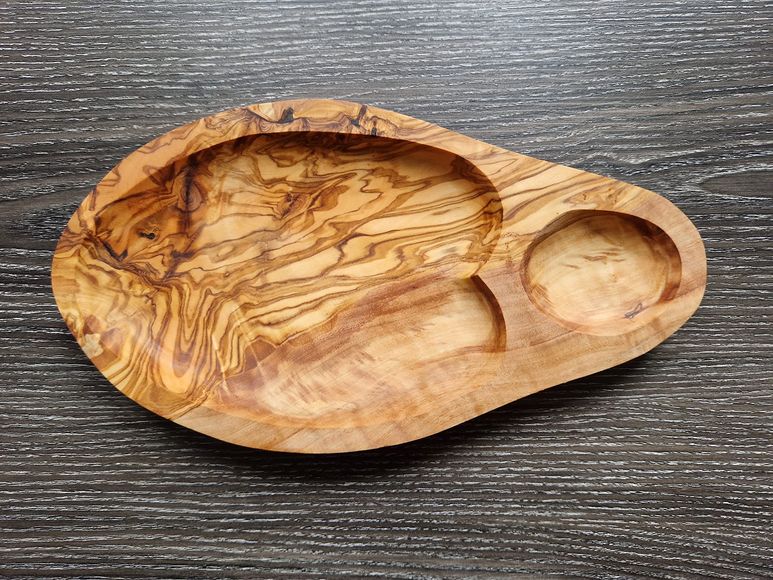 Cleminson Olive Wood Hand-Carved Appetiser and Tapas Dish with Dipping Section - 29 x 15 cm