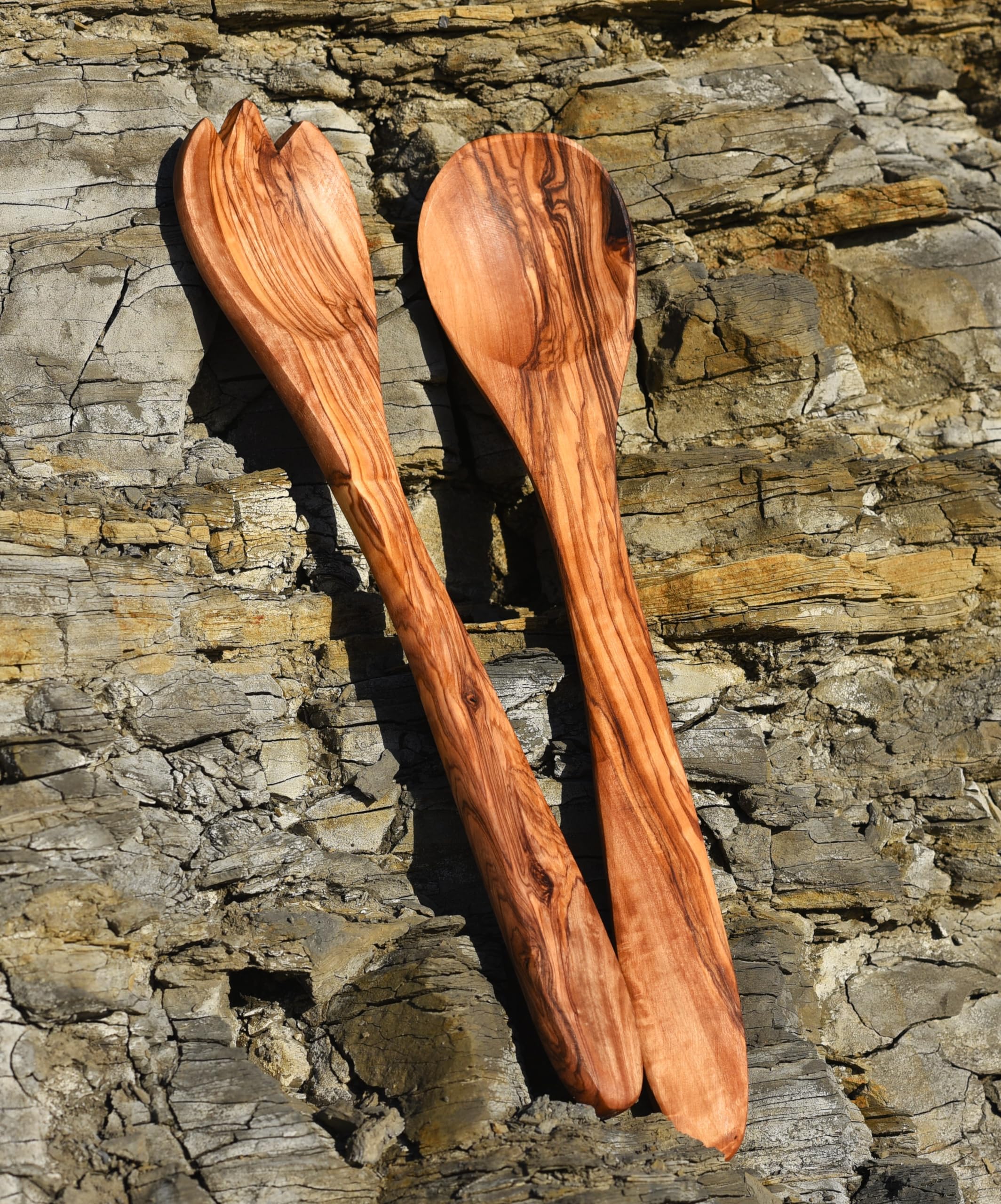 Cleminson Olive Wood Salad Servers 31 cm | Wooden Spoon and Fork Utensils Tongs | Pasta Mixing Dinner Cooking
