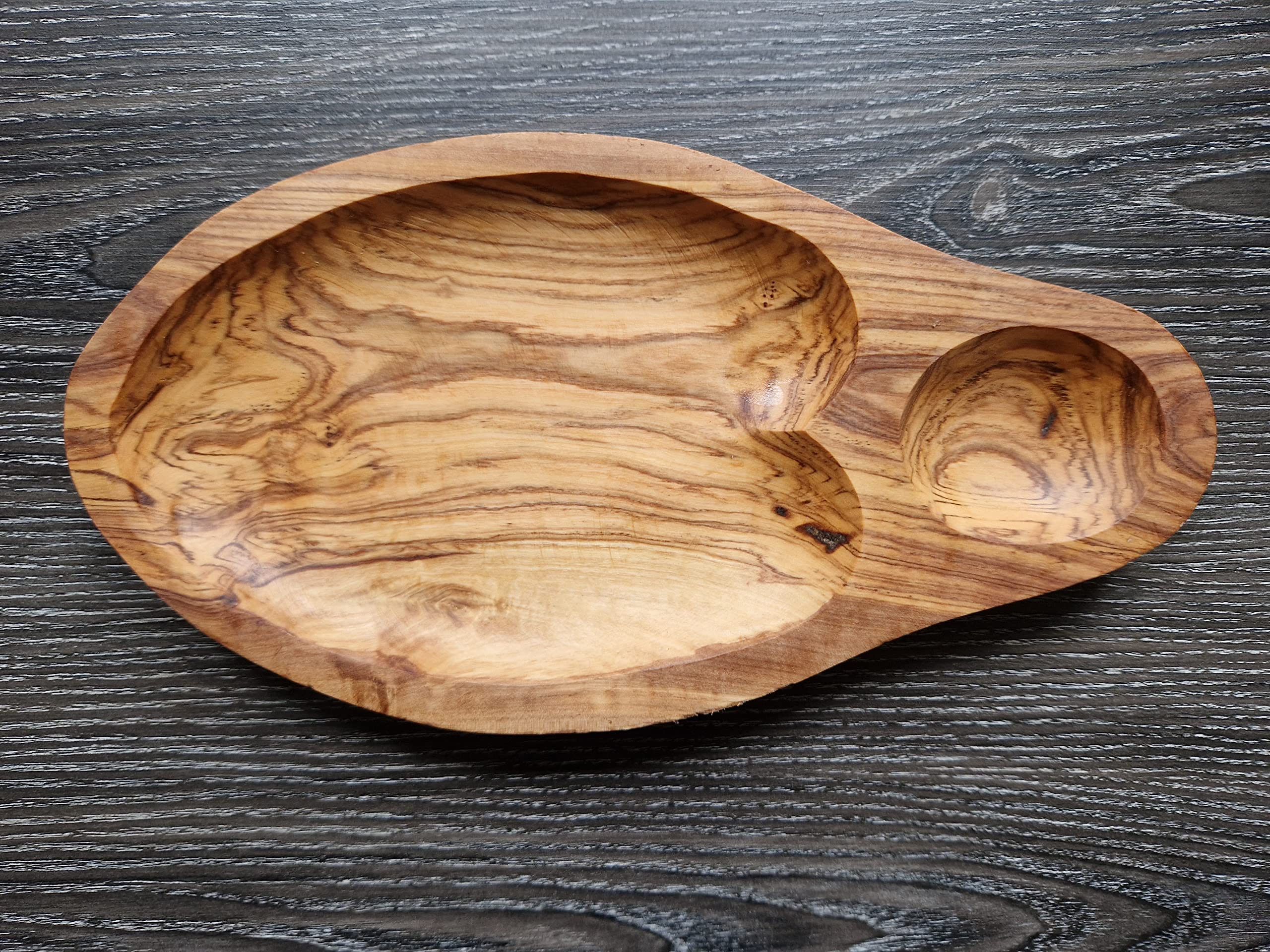 Cleminson Olive Wood Hand-Carved Appetiser and Tapas Dish with Dipping Section - 29 x 15 cm